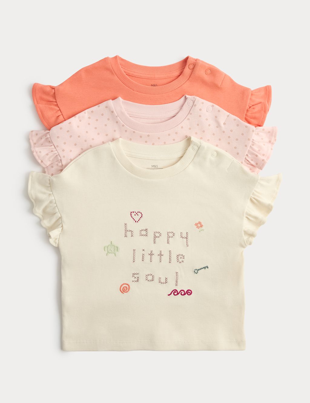 M&S 3 Pack Pure Cotton Happy Little Soul Tops (0-5 Yrs) - 0-3 Months - Multi, Multi