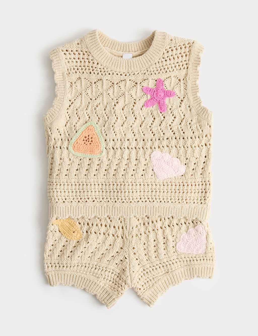 M&S 2 Piece Pure Cotton Seashell Crochet Outfit (0-5 Yrs) - 0-3 Months - Cream, Cream