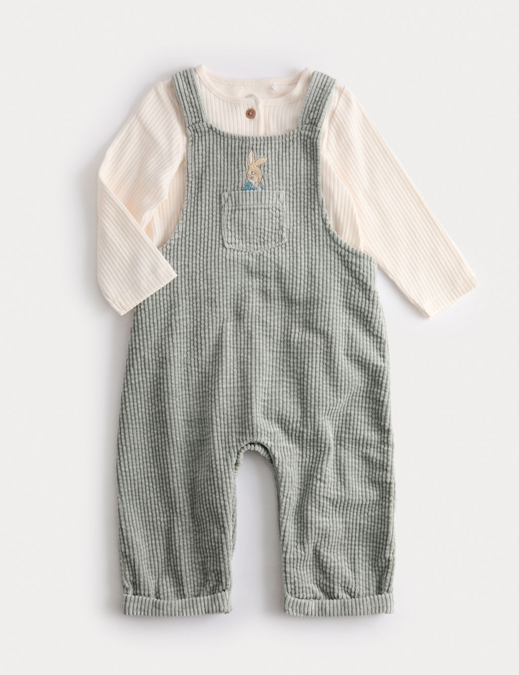M&S 2pc Peter Rabbit™ Cord Dungarees and Top Outfit (0 Mths-3 Yrs) - 0-3 M - Green Mix, Green Mix