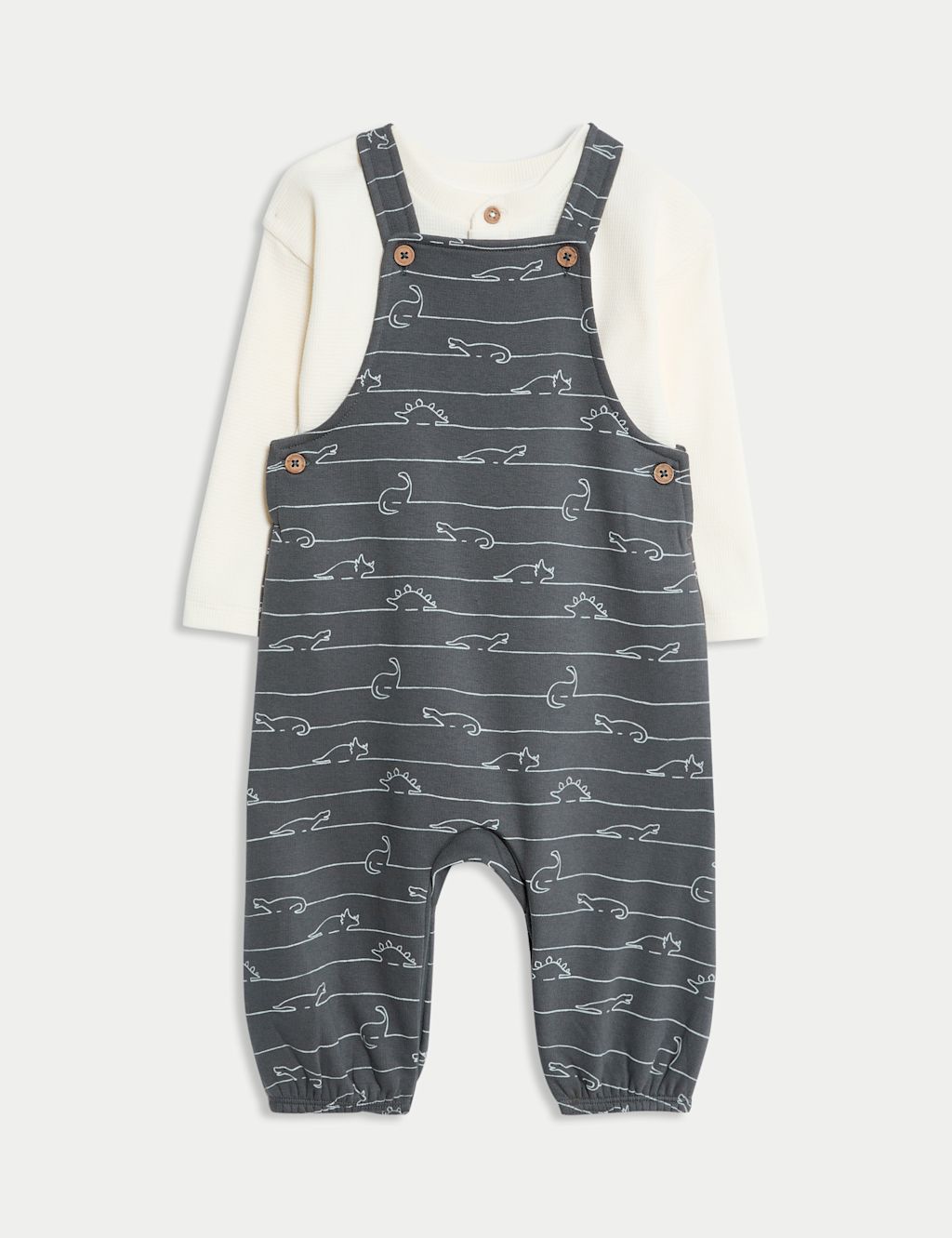 M&S 2pc Cotton Rich Jersey Dino Dungaree Outfit (0-3 Yrs) - 0-3 M - Carbon, Carbon