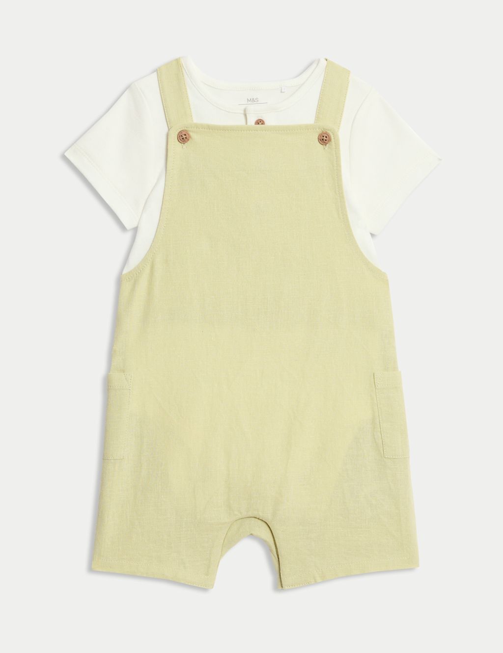 M&S 2pc Cotton Rich Dungaree Outfit (0-3 Yrs) - 0-3 M - Green, Green