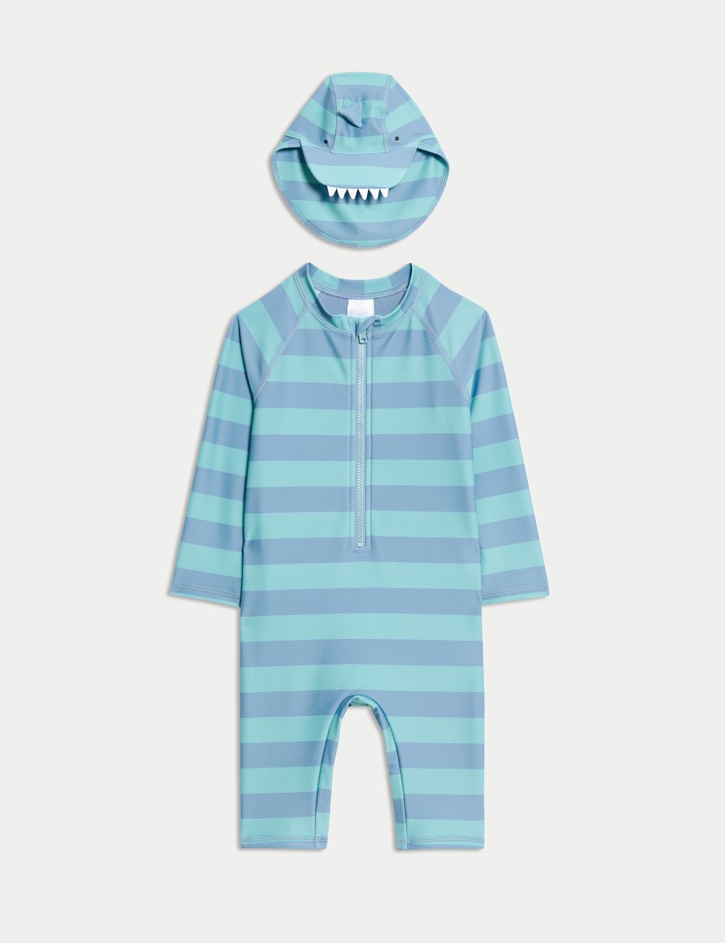 M&S 2pc Striped Sunsafe Swimsuit with Hat (0 -3 Yrs) - 12-18 - Aqua Mix, Aqua Mix