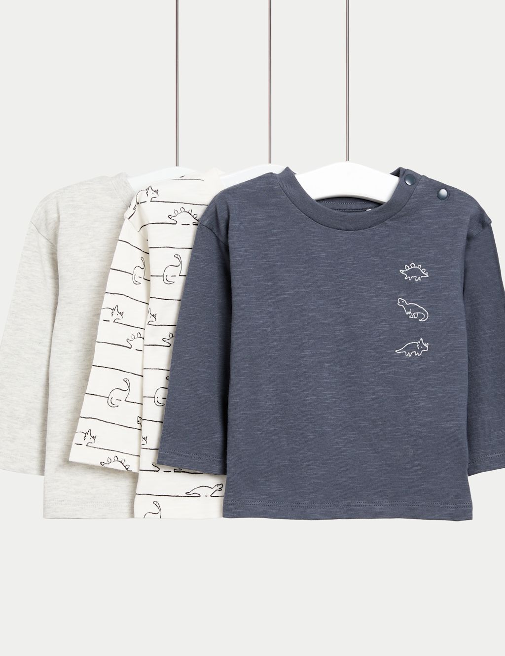 M&S 3pk Pure Cotton Dinosaur Long Sleeve T-Shirts (0-3 Yrs) - 12-18 - Grey Mix, Grey Mix