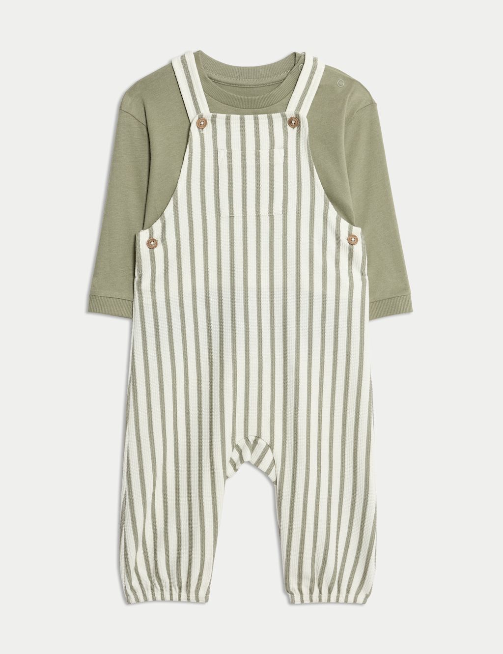 M&S 2pc Pure Cotton Jersey Striped Dungaree Outfit (0-3 Yrs) - 18-24 - Khaki Mix, Khaki Mix