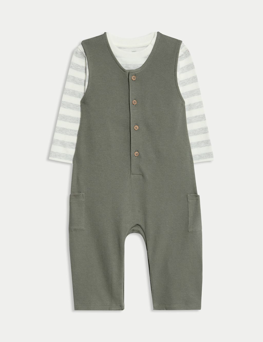 M&S 2pc Pure Cotton Waffle Dungaree Outfit (0-3 Yrs) - 0-3 M - Khaki Mix, Khaki Mix