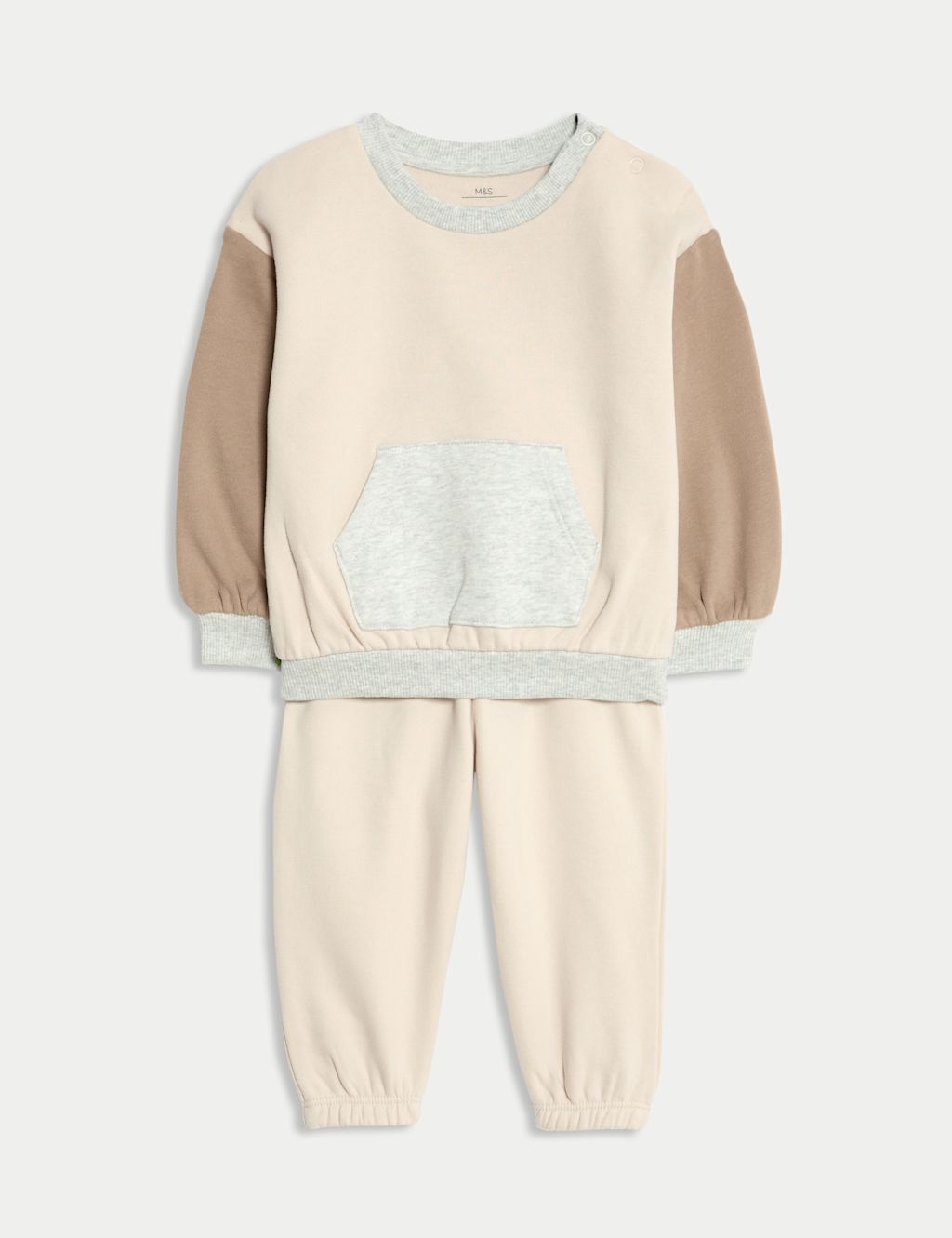M&S 2pc Cotton Rich Crew Neck Colour Block Tracksuit - 12-18 - Multi, Multi