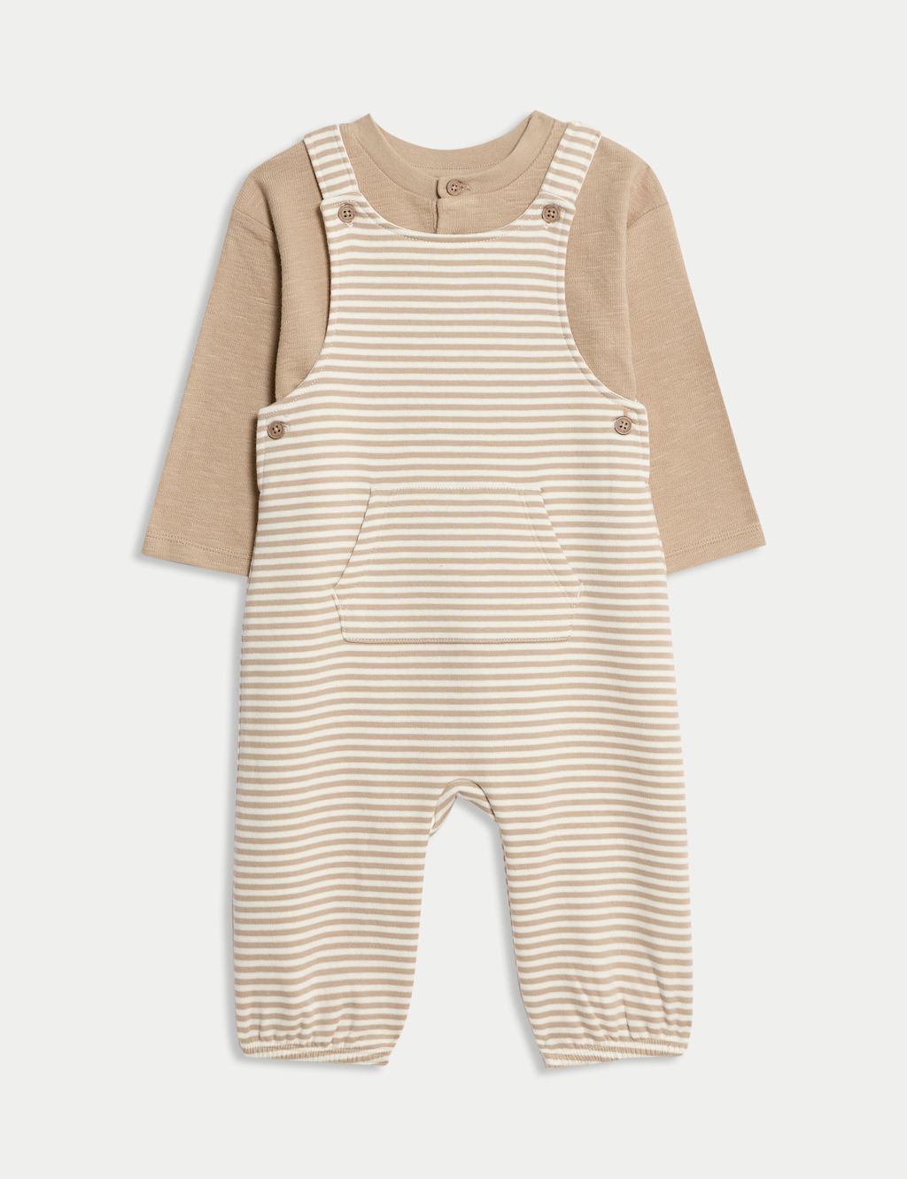 M&S 2pc Pure Cotton Striped Dungarees Outfit (0-3 Yrs) - 12-18 - Neutral, Neutral