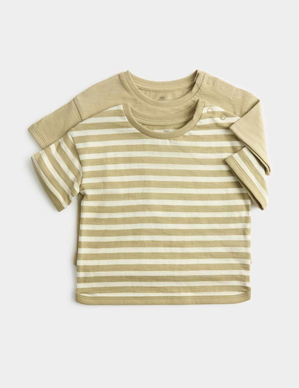 M&S 2 Pack Pure Cotton Stripe T-Shirts (0-5 Yrs) - 12-18 Months - Khaki, Khaki