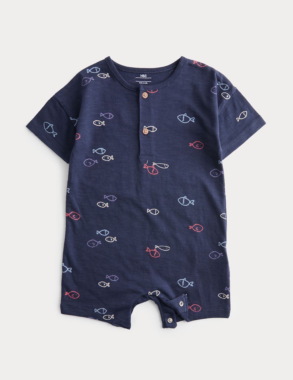 M&S Pure Cotton Jersey Navy Fish Romper (0-3 Yrs) - 0-3 Months, Navy