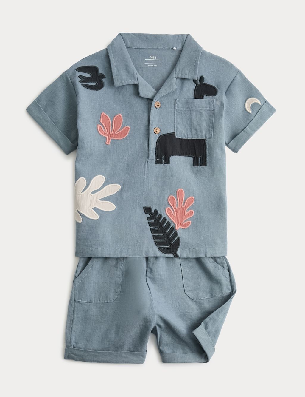 M&S 2 Piece Safari Shirt & Shorts Outfit (0-3 Yrs) - 0-3 Months - Blue, Blue
