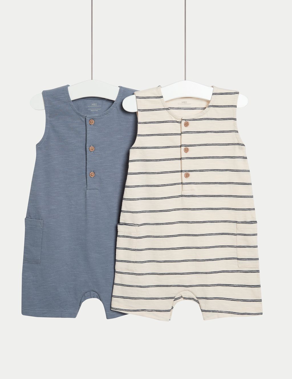 M&S 2 Pack Pure Cotton Rompers (0-3 Yrs) - 0-3 M - Blue Mix, Blue Mix