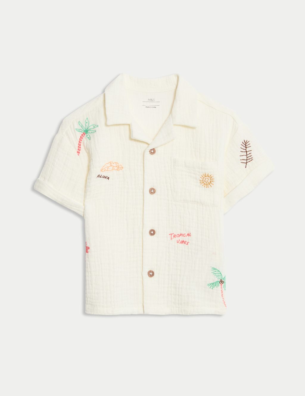 M&S Pure Cotton Beach Embroidered Shirt (0 Mths-6 Yrs) - 12-18 - Cream, Cream