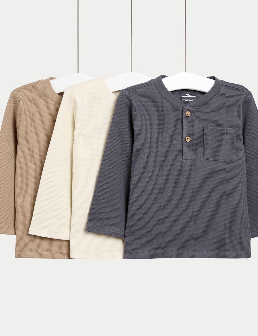 M&S 3pk Pure Cotton Grandad Tops (0-6 Yrs) - 0-3 M - Multi/Neutral, Multi/Neutral