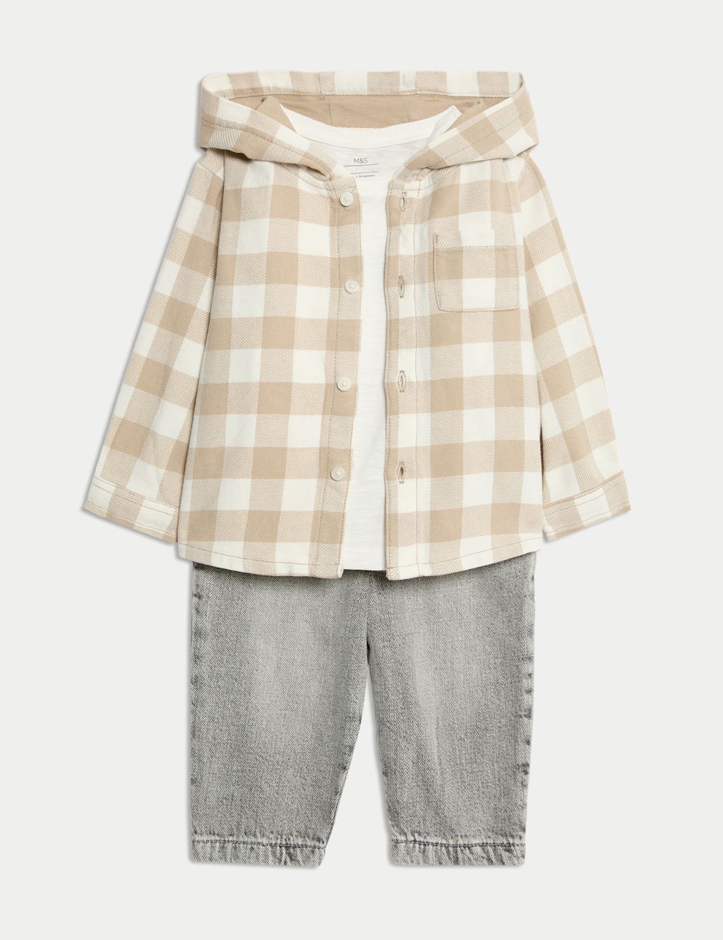 M&S 3pc Pure Cotton Checked Shacket Outfit (0-6 Yrs) - 4-5Y - Neutral, Neutral