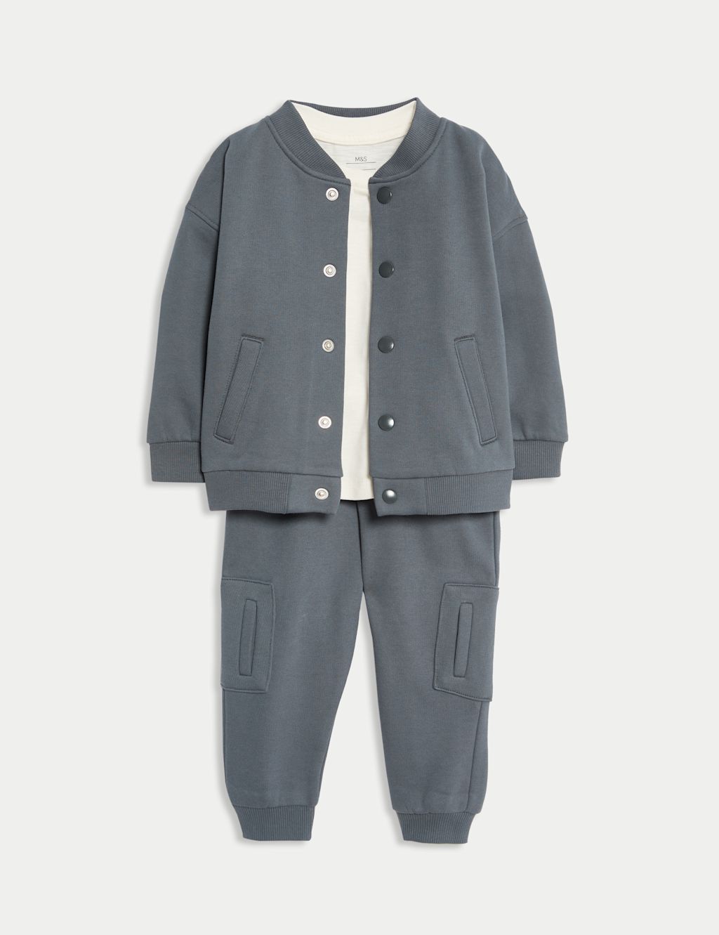 M&S 3pc Cotton Rich Bomber Jacket Outfit (0-6 Yrs) - 3-6 M - Charcoal, Charcoal