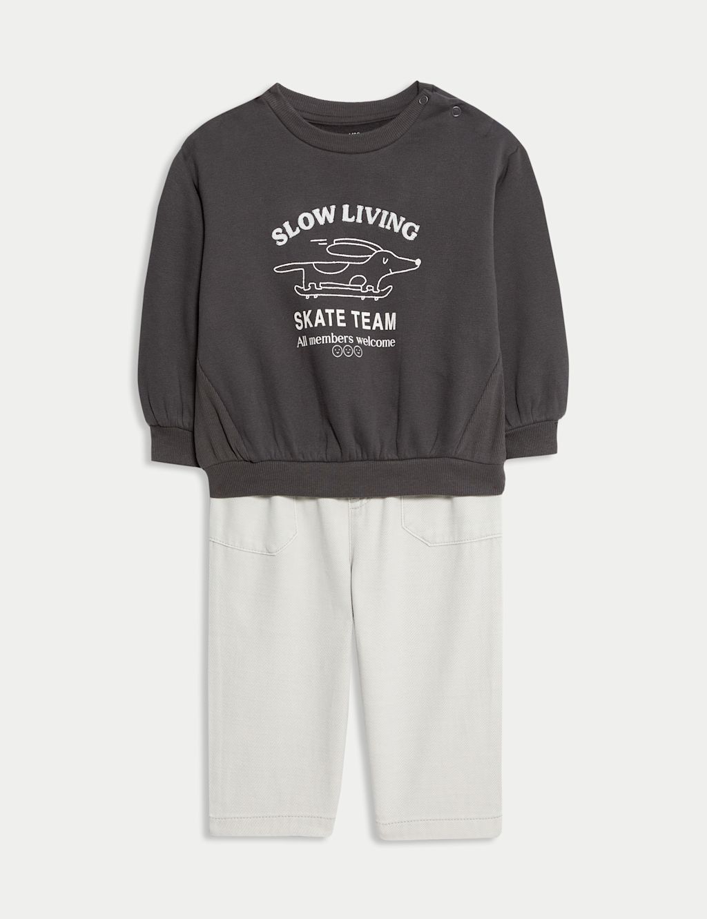 M&S 2pc Cotton Rich Skating Dog Print Sweatshirt Trousers Outfit (0 Mths-6 Yrs) - 6-9 M - Charcoal Mix, Charcoal Mix