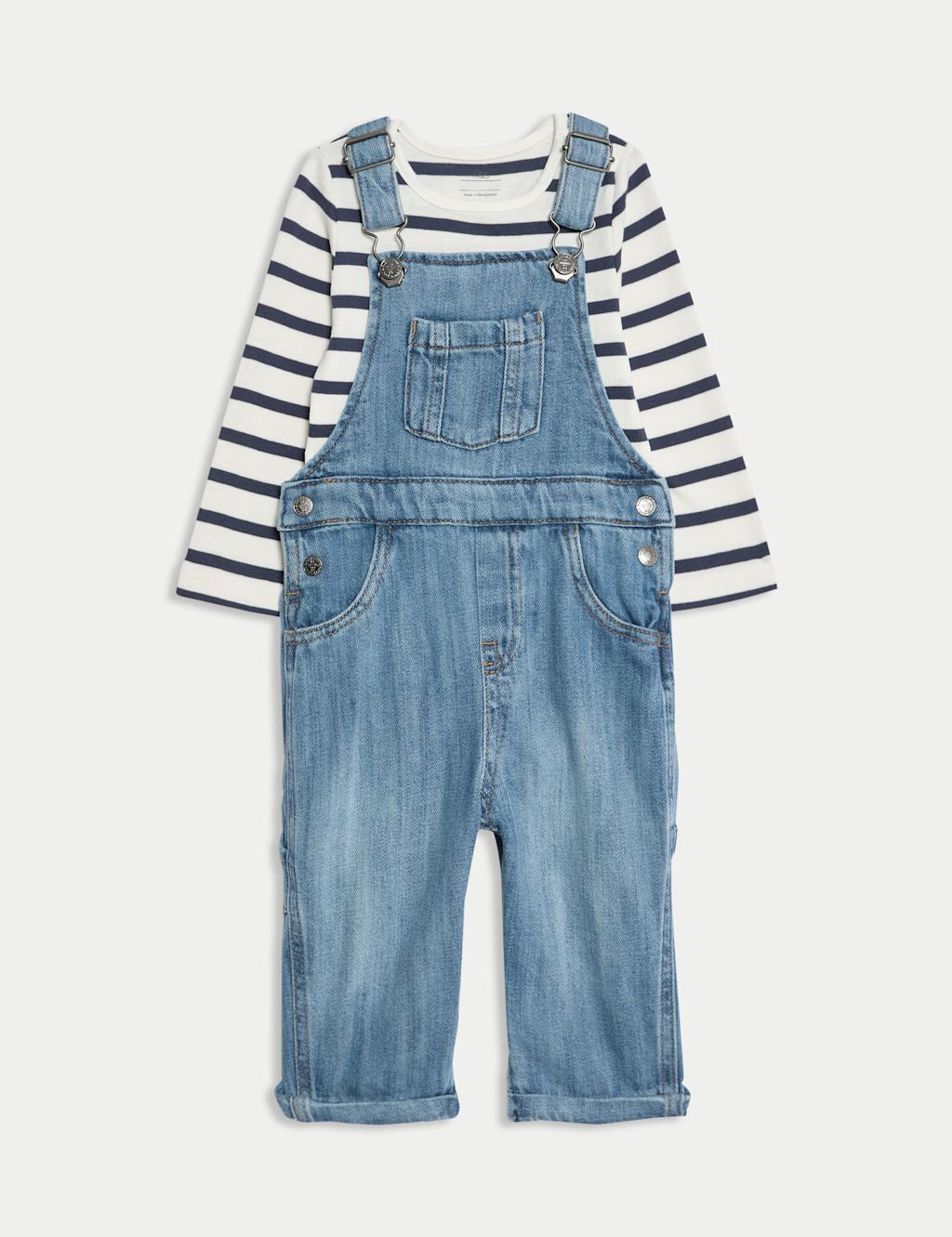 M&S 2pc Pure Cotton Denim Dungaree Outfit (0-3 Yrs) - 2-3Y - Dark Denim, Dark Denim