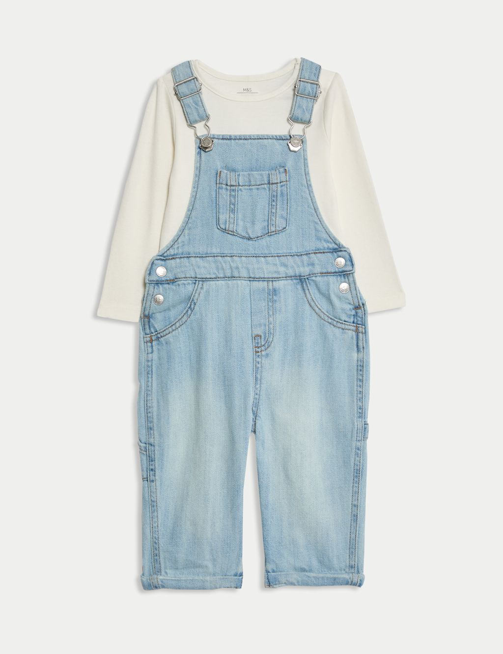 M&S 2pc Pure Cotton Denim Dungaree Outfit (0-3 Yrs) - 18-24 - Light Denim, Light Denim