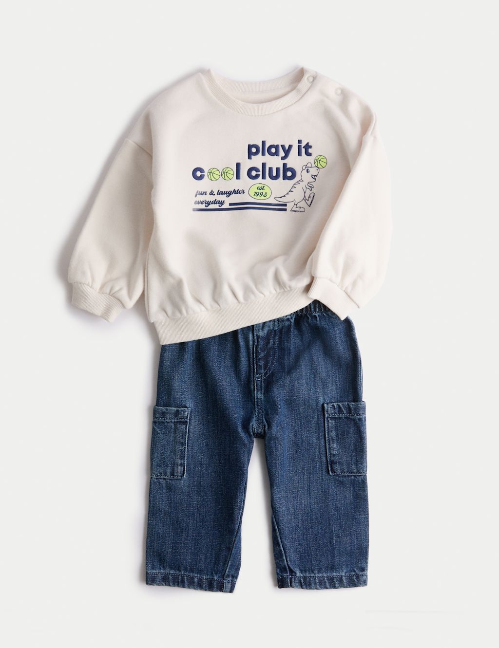 M&S 2pc Cotton Rich Dinosaur Sweatshirt Jeans Outfit (0 Mths-3 Yrs) - 0-3 M - Cream Mix, Cream Mix