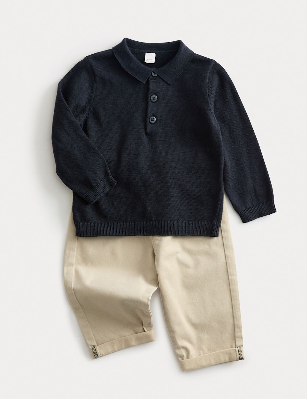 M&S 2pc Cotton Rich Knitted Polo & Chino Outfit (0-3 Yrs) - 0-3 M - Navy, Navy