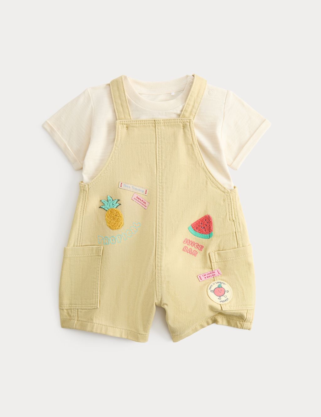 M&S 2 Piece Embroidered Bib Shorts and Top (0-3 Yrs) - 0-3 Months - Yellow Mix, Yellow Mix