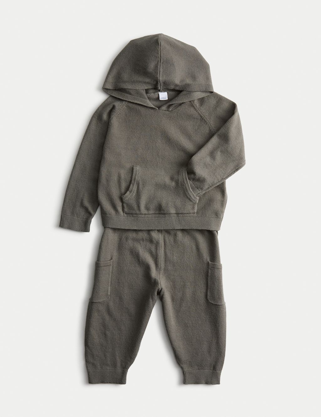 M&S Knitted Hooded Top & Jogger Outfit (0 Mths-3 Yrs) - 0-3 M - Khaki, Khaki