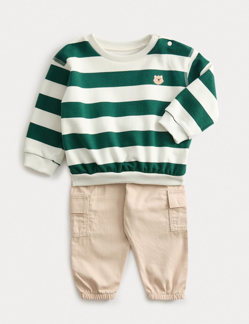 M&S 2pc Striped Sweatshirt Cargo Outfit (0-6 Yrs) - 3-6 M - Green Mix, Green Mix