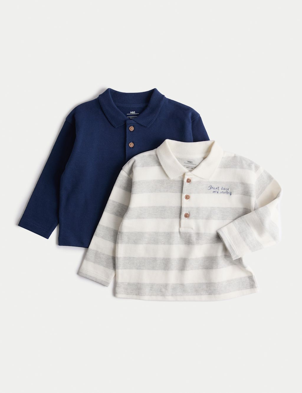 M&S 2 Pack Pure Cotton Long Sleeve Polo Tops (0-3 Yrs) - 2-3Y - Neutral, Neutral