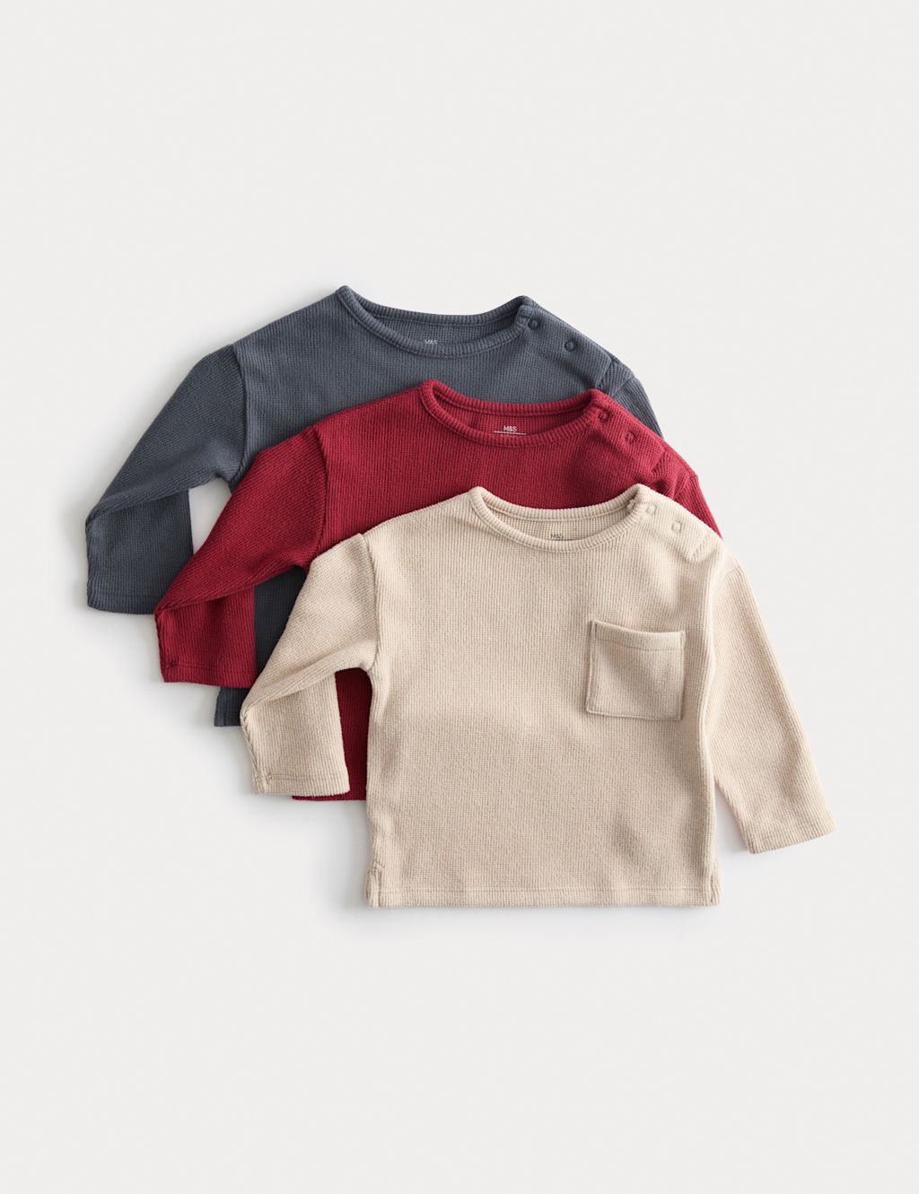 M&S 3pk Brushed Waffle Long Sleeve Tops (0-3 Yrs) - 2-3Y - Claret, Claret