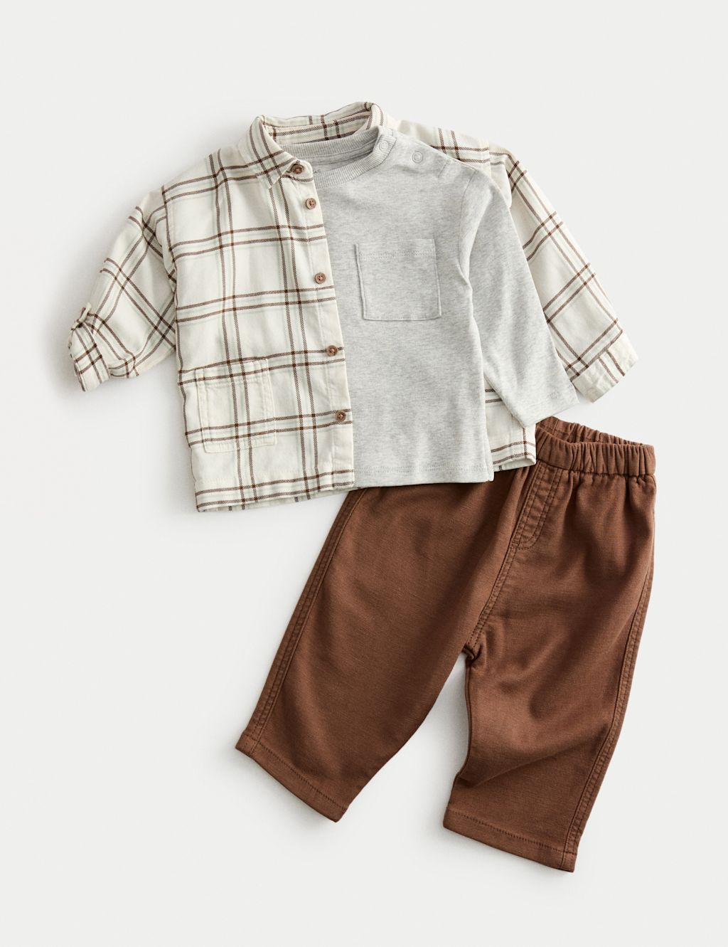 M&S 3pc Cotton Rich Checked Top & Bottom Outfit (0-3 Yrs) - 18-24 - Cream Mix, Cream Mix