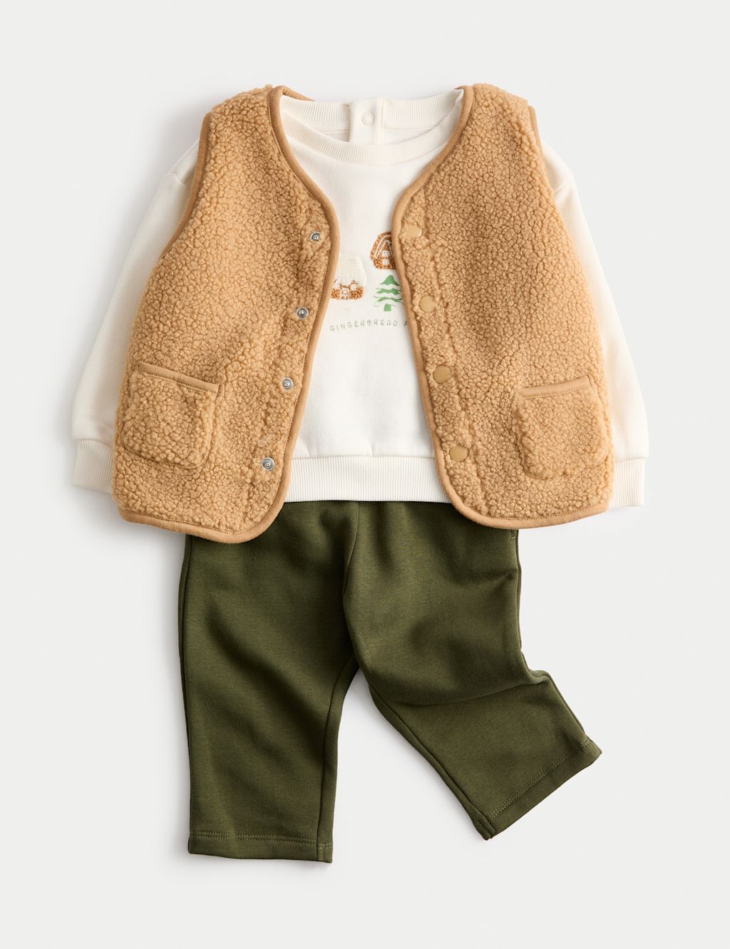 M&S 3pc Gingerbread Borg Gilet Outfit (0 Mths-3 Yrs) - 2-3Y - Green Mix, Green Mix