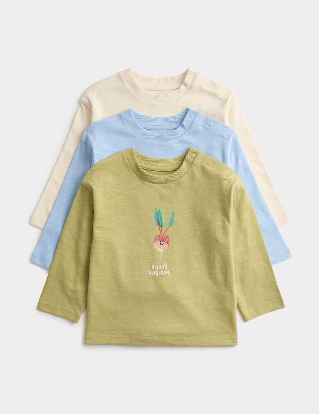 M&S 3 Pack Pure Cotton Vegetable Graphic Tops (0-3 Yrs) - 0-3 Months - White Mix, White Mix