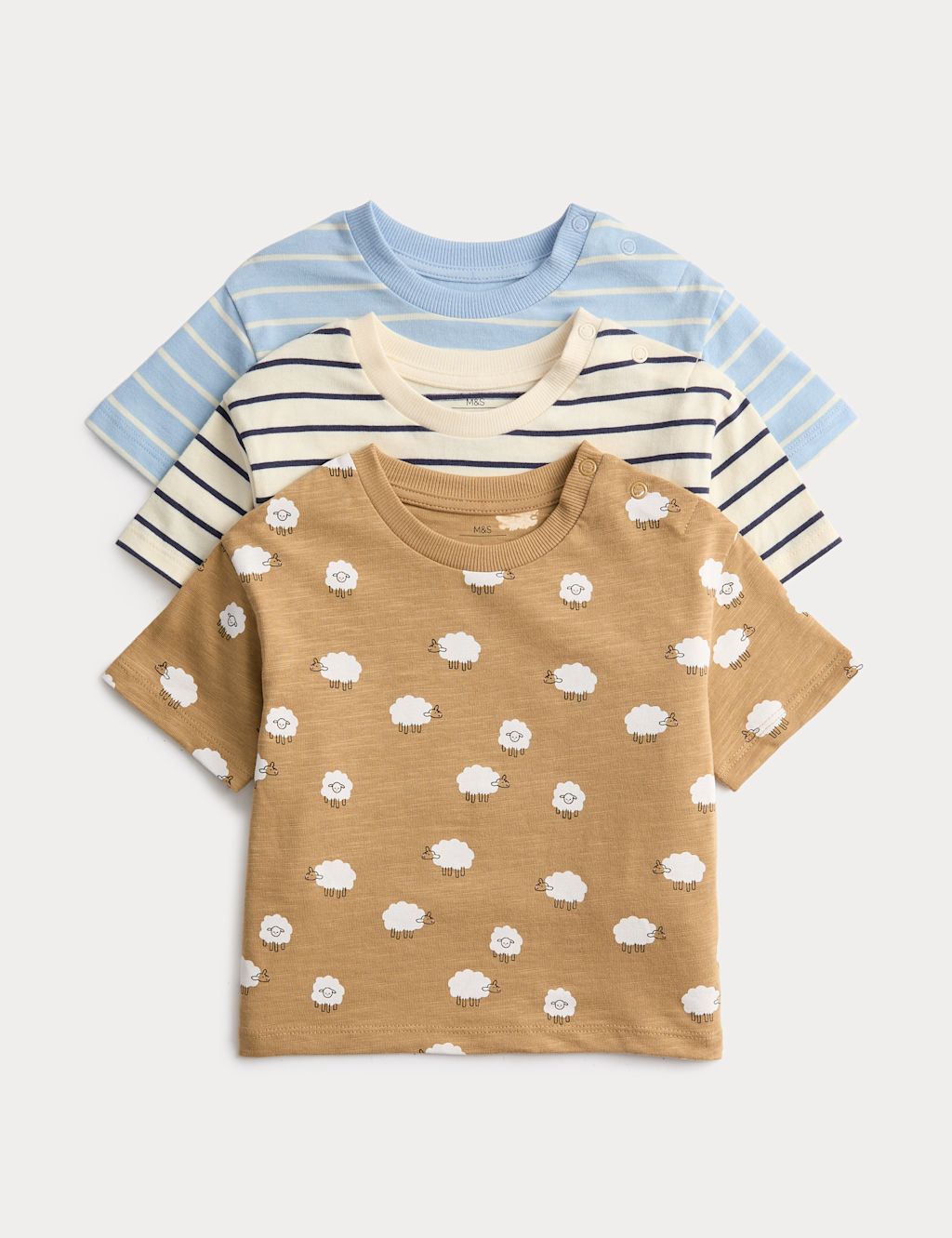 M&S 3 Pack Pure Cotton Animal & Stripe Tops (0-3 Yrs) - 0-3 Months - Blue Mix, Blue Mix