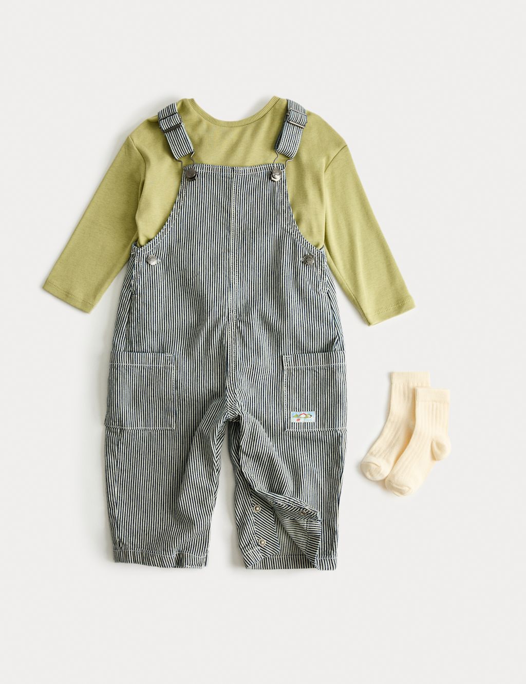 M&S 3 Piece Pinstripe Dungaree Outfit with Socks (0-3 Yrs) - 0-3 Months - Blue Mix, Blue Mix
