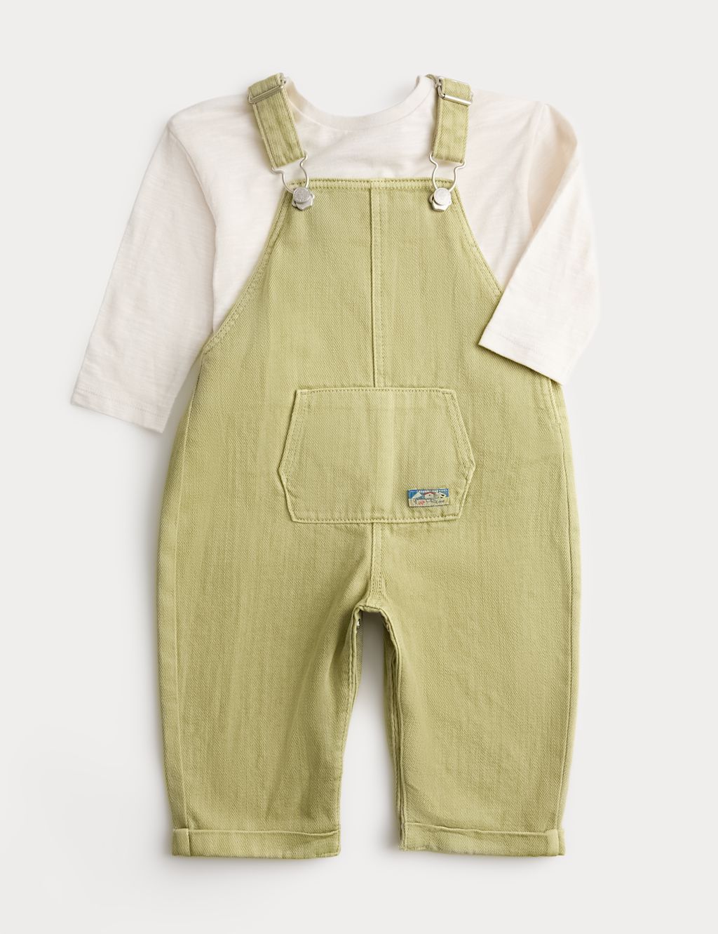 M&S Cotton Rich Dungarees & Top Outfit (0-3 Yrs) - 0-3 Months - Green, Green