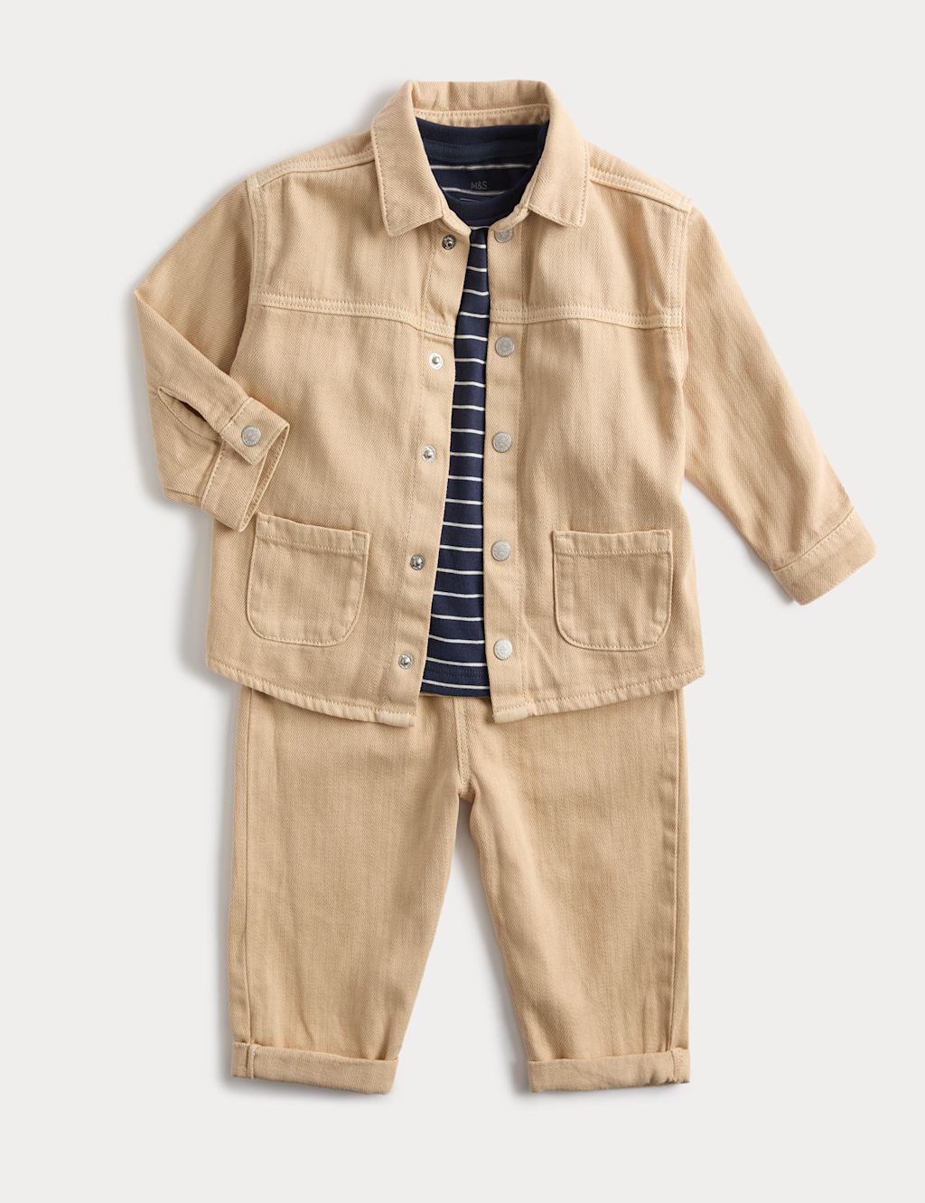 M&S 3 Piece Cotton Rich Jacket Outfit (0-6 Yrs) - 2-3 Years - Beige, Beige