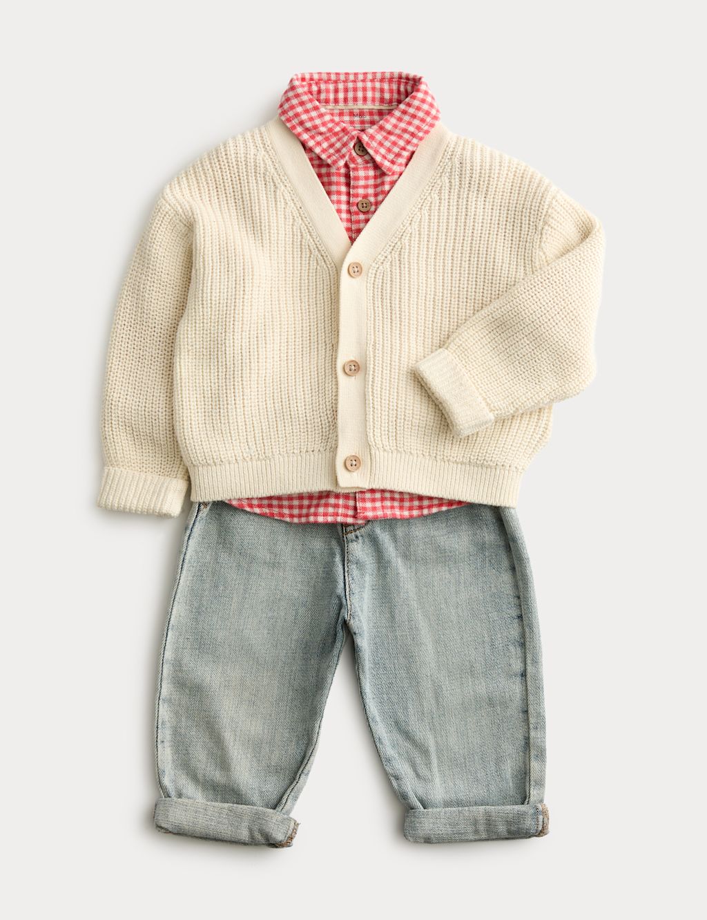 M&S 3 Piece Cardigan, Check Shirt & Jeans Outfit (0-3 Yrs) - 0-3 Months - Red Mix, Red Mix