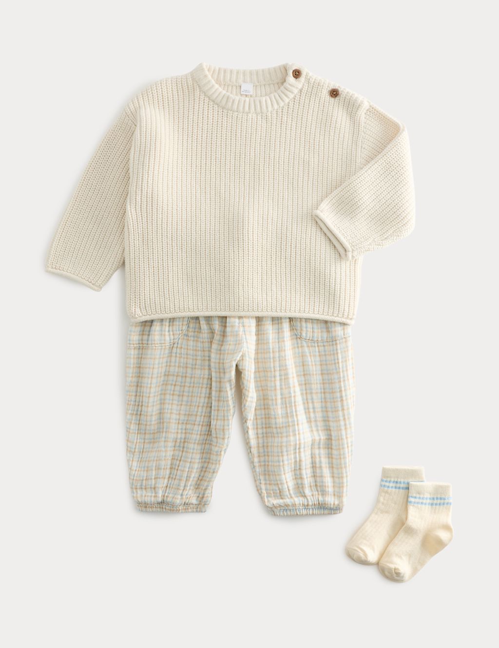 M&S 3pc Pure Cotton Top & Bottom Outfit (0-5 Yrs) - 12-18 Months - Ecru, Ecru