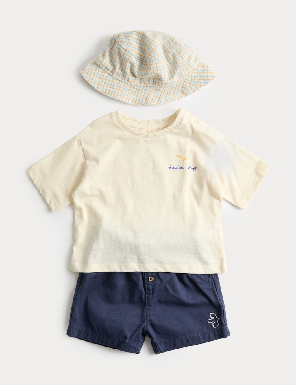 M&S 3 Piece Pure Cotton Outfit with Hat (0-5 Yrs) - 0-3 Months - Ecru Mix, Ecru Mix