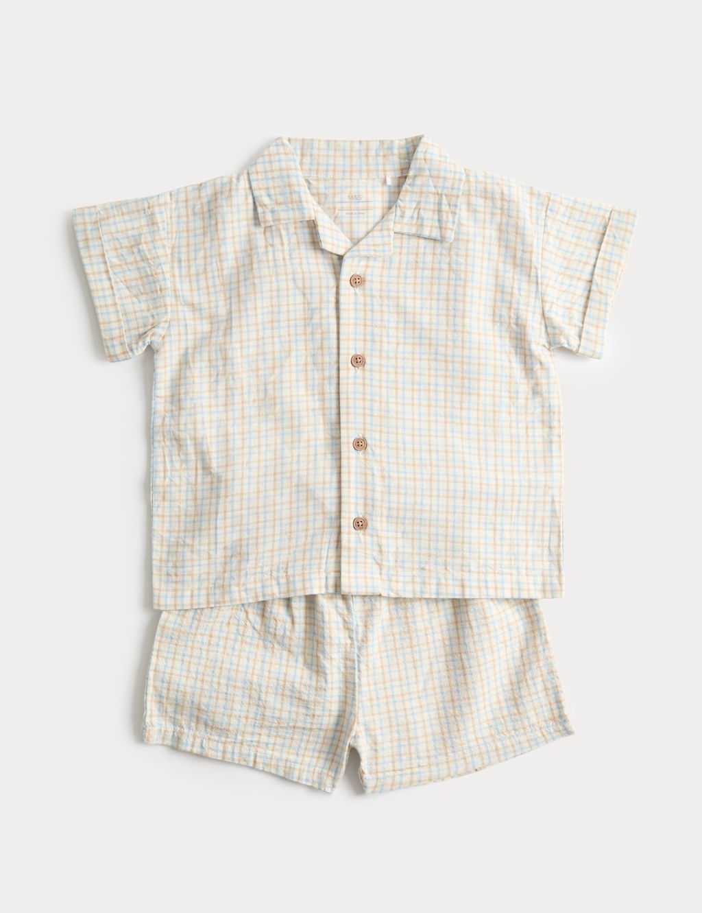 M&S 2 Piece Pure Cotton Checked Outfit (0-5 Yrs) - 0-3 Months - Ecru Mix, Ecru Mix