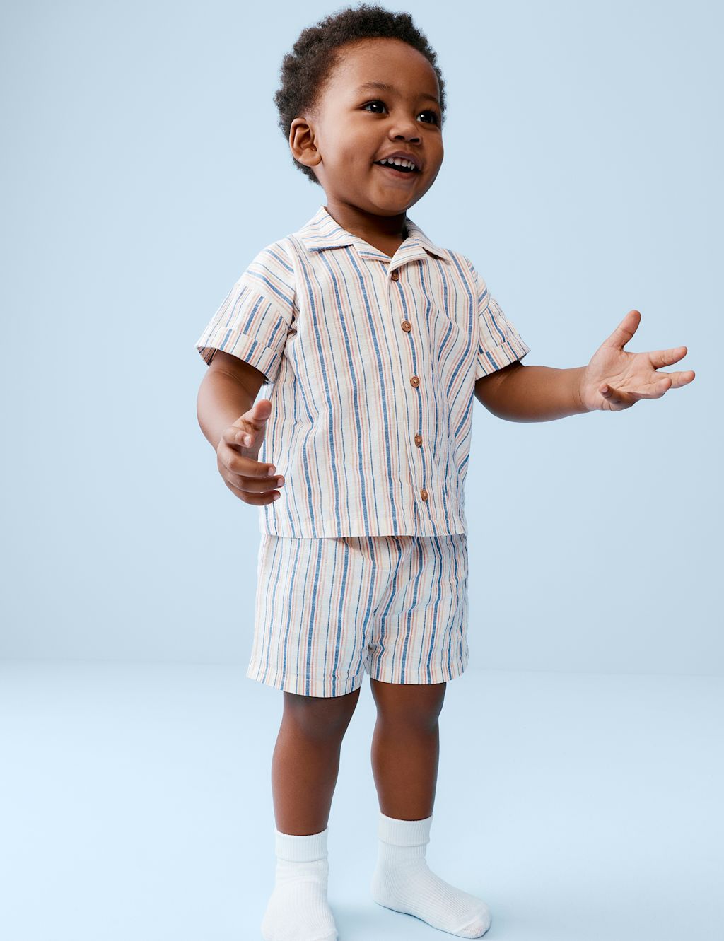 M&S Pure Cotton Striped Top & Bottom Outfit (0-5 Yrs) - 0-3 Months - Blue Mix, Blue Mix