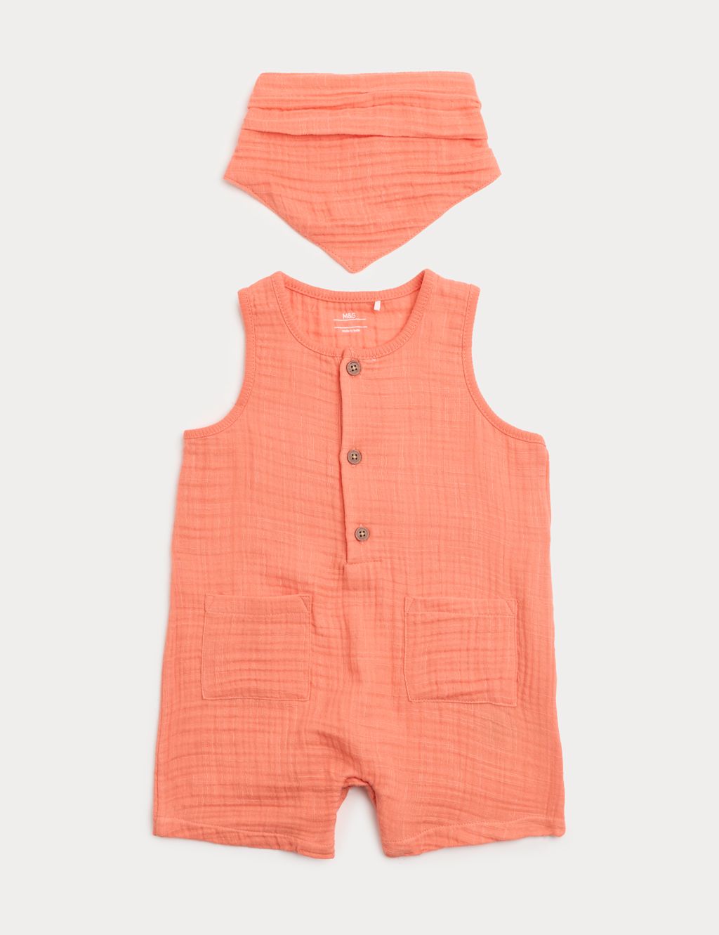 M&S Pure Cotton Romper with Bib (0-3 Yrs) - 3-6 Months - Coral, Coral