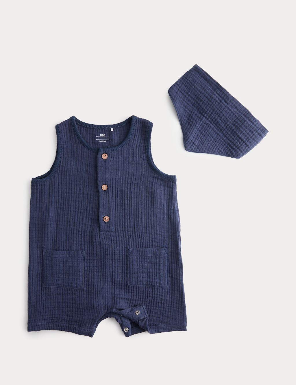 M&S Pure Cotton Romper with Bib (0-3 Yrs) - 3-6 Months - Navy, Navy