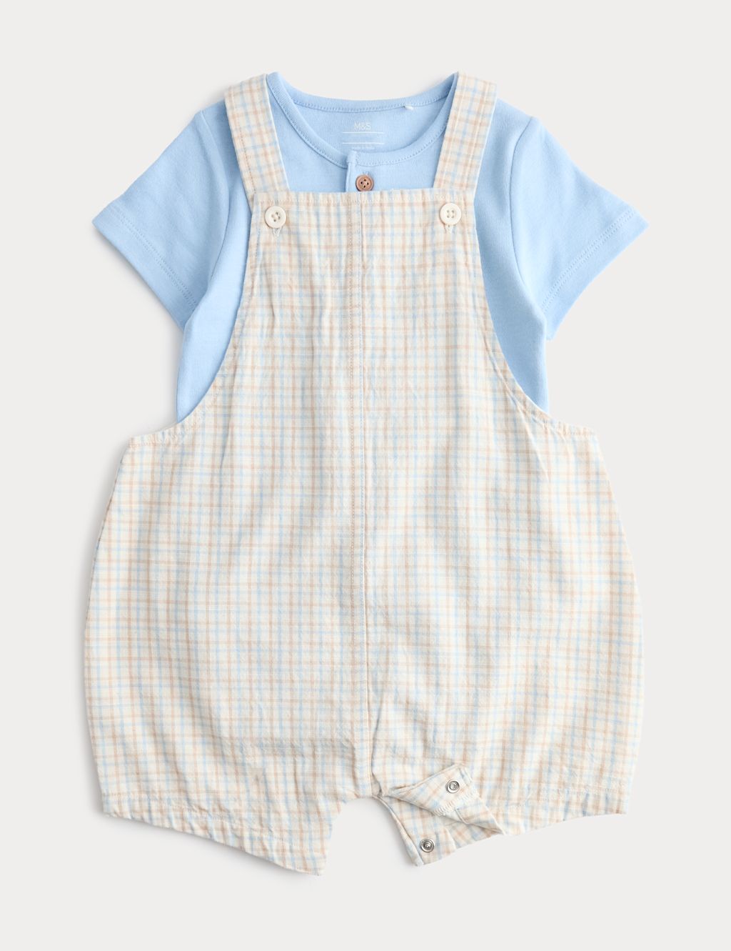 M&S 2 Piece Pure Cotton Checked Bibshort Outfit (0-3 Yrs) - 0-3 Months - Blue Mix, Blue Mix