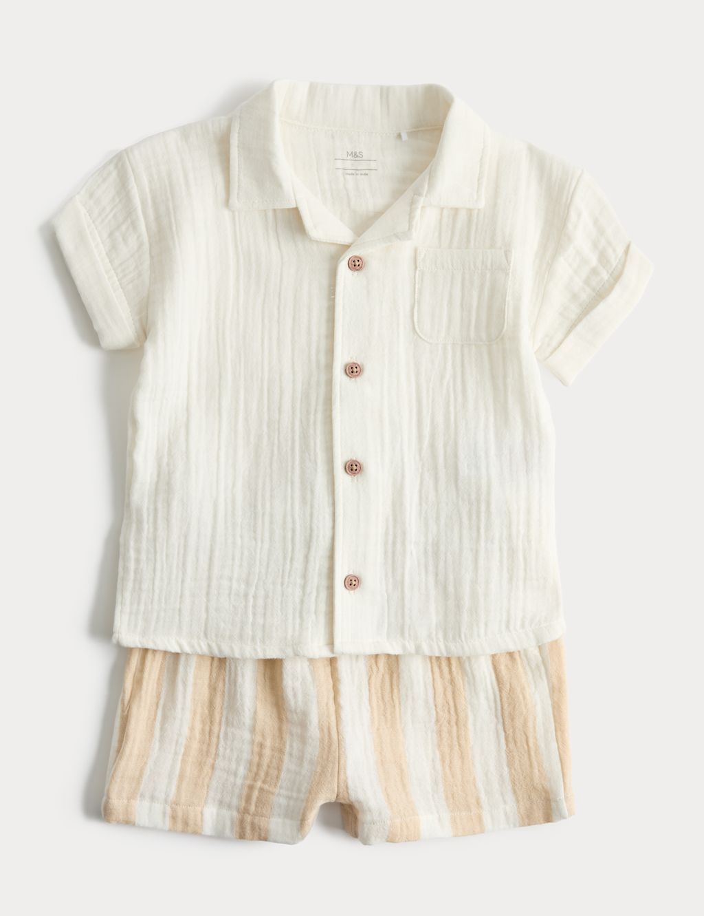 M&S 2 Piece Double Cloth Shirt and Striped Shorts Outfit (0-5 Yrs) - 0-3 Months - Calico, Calico