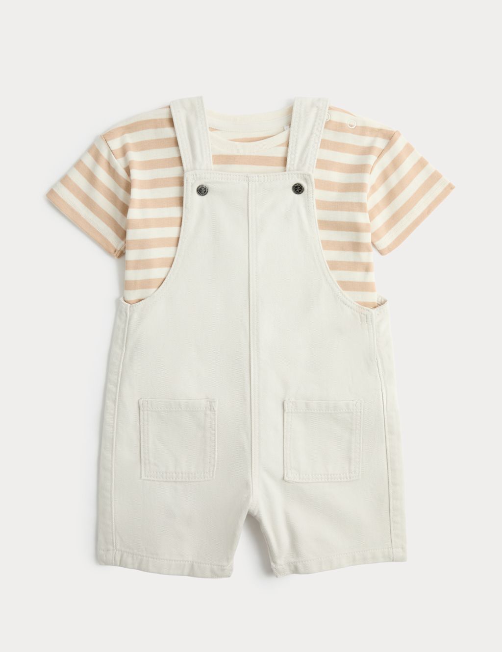 M&S Ecru Denim Dungarees & Striped Tee Outfit (0-3 Yrs) - 0-3 Months, Ecru
