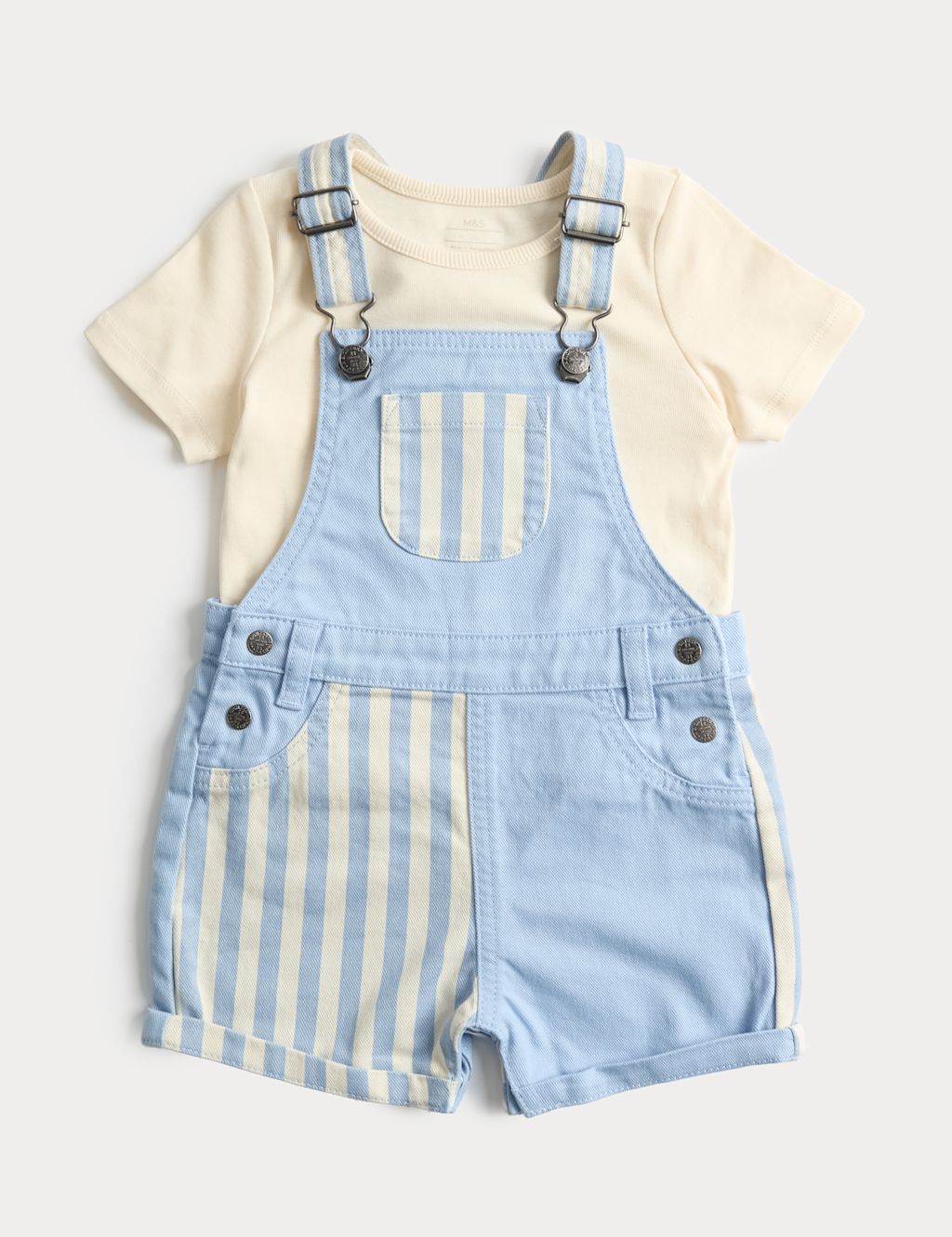 M&S 2 Piece Pure Cotton Dungarees Outfit (0-3 Yrs) - 0-3 Months - Blue Mix, Blue Mix