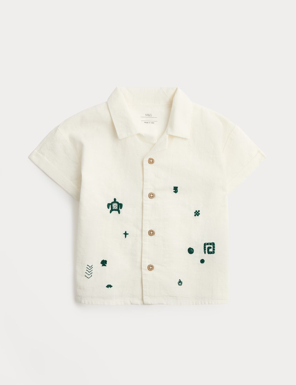 M&S Pure Cotton Aztec Embroidered Shirt (0-5 Yrs) - 0-3 Months - Ecru Mix, Ecru Mix
