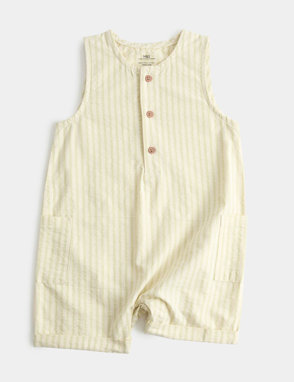 M&S Cotton Rich Seersucker Striped Romper (0-3 Yrs) - 0-3 Months - Green Mix, Green Mix