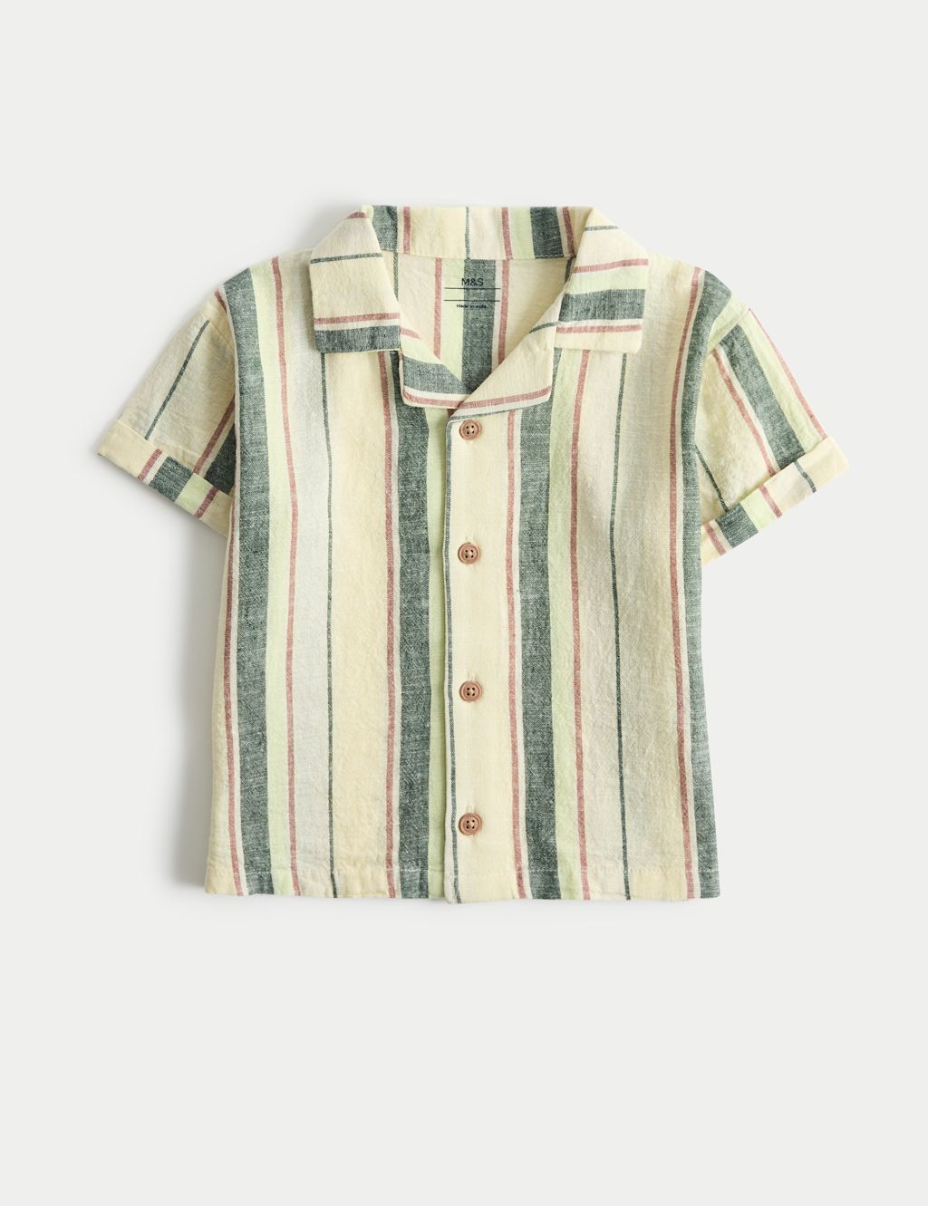 M&S Cotton Linen Blend Striped Shirt (0-5 Yrs) - 0-3 Months - Green, Green